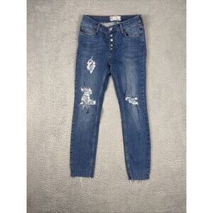 Free People Destroyed Reagan Button Front Jeans Size 28 Med Wash Frayed
